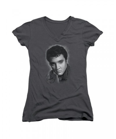 $5.94 Elvis Presley Junior's V-Neck Shirt | GREY PORTRAIT Junior's Tee Shirts